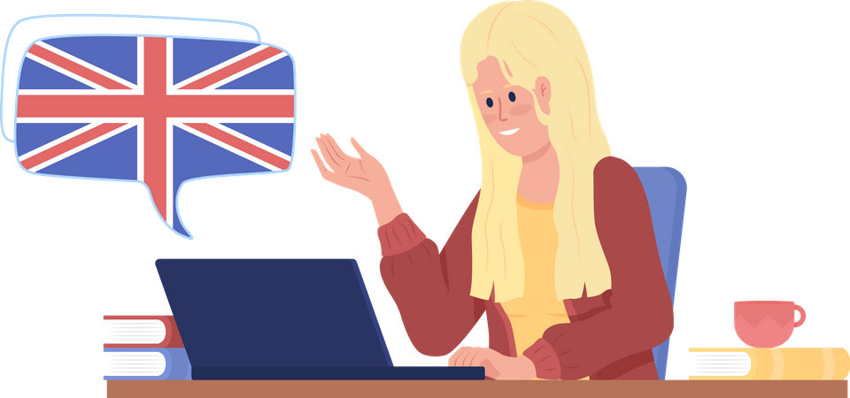 Girl participating in video class of British English Illustration