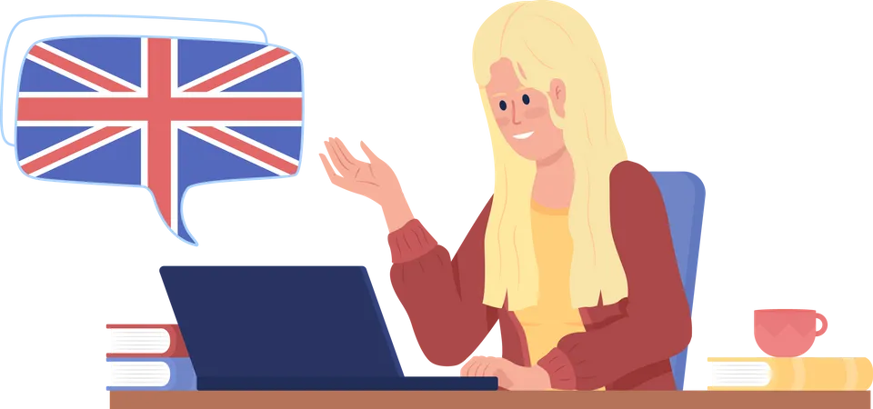 Girl participating in video class of British English Illustration