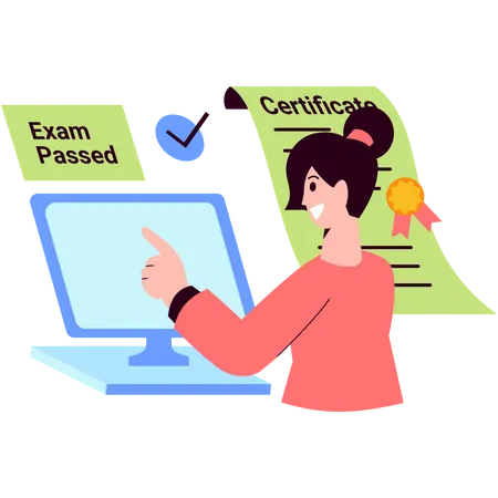 Girl passing online examination and getting course certificate Illustration