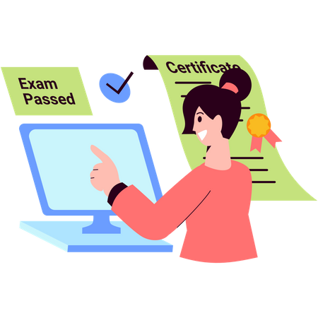 Girl passing online examination and getting course certificate  Illustration