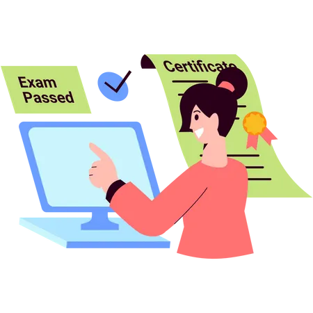 Girl passing online examination and getting course certificate  Illustration