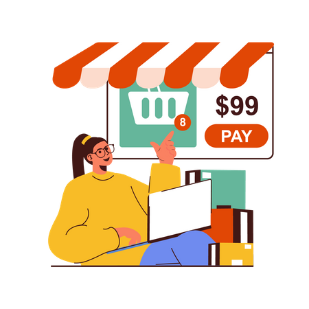 Girl pay shopping amount online Illustration
