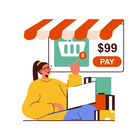 Girl pay shopping amount online Illustration