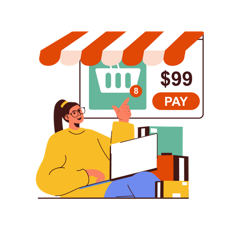 Girl pay shopping amount online  Illustration