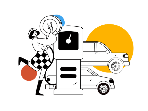 Girl paying cash for car fuel  Illustration