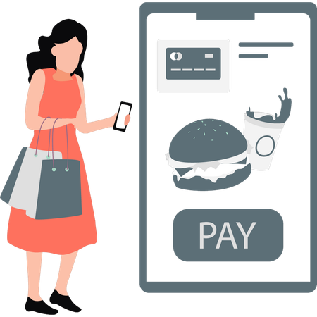 Girl paying for fast food online  Illustration