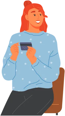 Girl Sits On Chair And Holds Credit Card Means Of Payment In Her Hands Bank Card For Money Transactions And Funds Transfer Item For Cashless Contactless Payment For Goods And Purchases On Internet Illustration