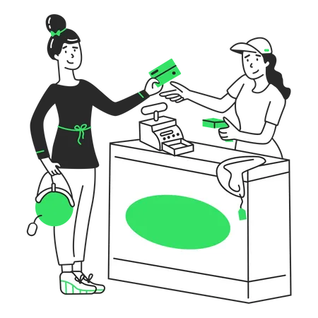 Girl pays for her purchases at the checkout counter Illustration