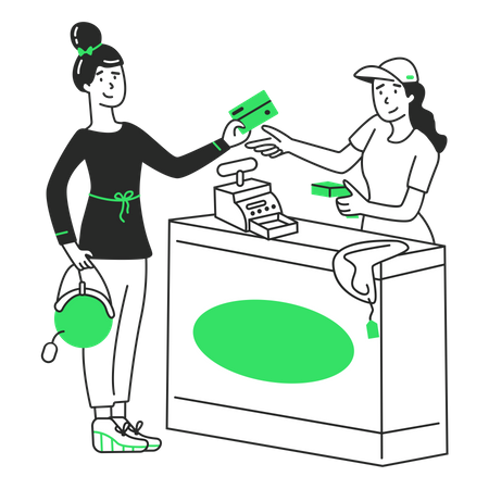 Girl pays for her purchases at the checkout counter  Illustration