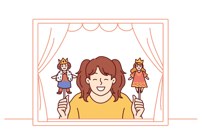 Girl Performs In Puppet Theater Showing Scene With Prince And Princess For Concept Of Children Creativity Little Schoolgirl Smiles After Participating In Theater Production For Classmates Illustration