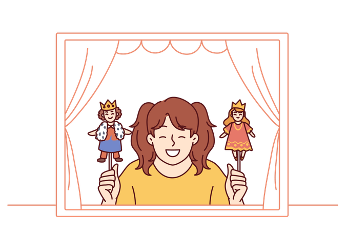 Girl performs in puppet theater  Illustration