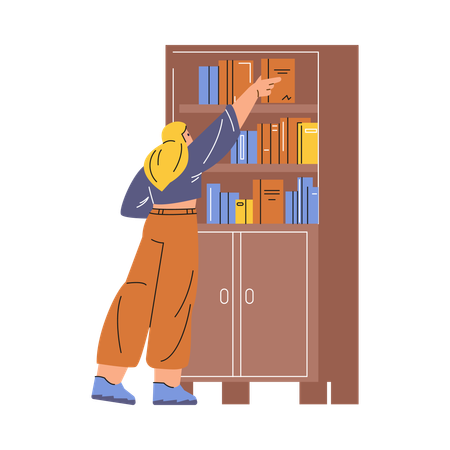 Girl perusing books on bookshelf  Illustration