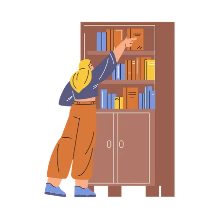 Girl perusing books on bookshelf  Illustration