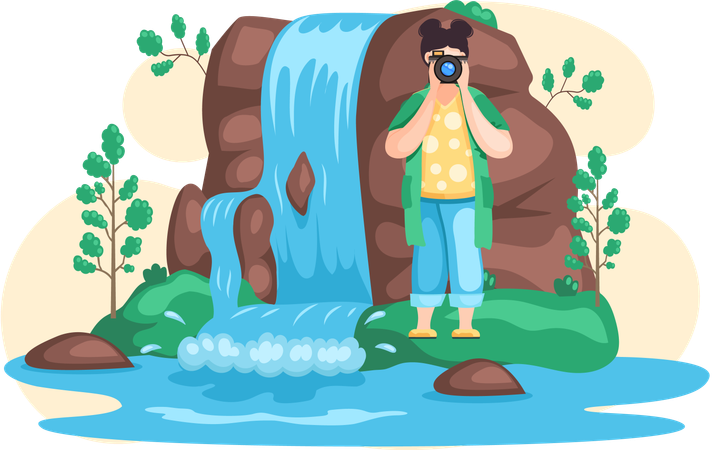 Girl photographing waterfalls in mountain  Illustration