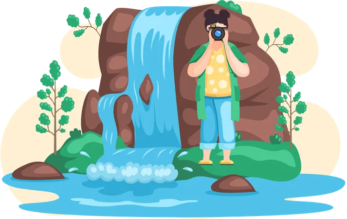 Girl photographing waterfalls in mountain  Illustration