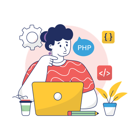 Girl PHP developer working on a project  Illustration
