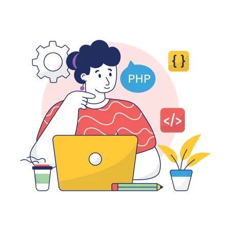 Girl PHP developer working on a project  Illustration