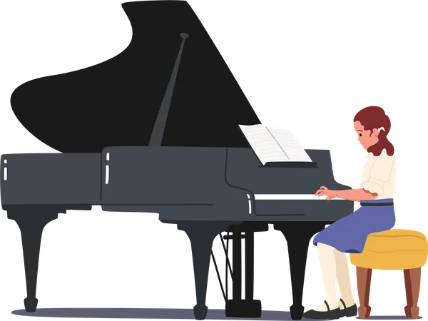 Little Girl Pianist Character Playing Musical Composition On Grand Piano For Symphonic Orchestra Or Opera Performance On Stage Talented Child Artist Performing On Scene Cartoon Vector Illustration Illustration