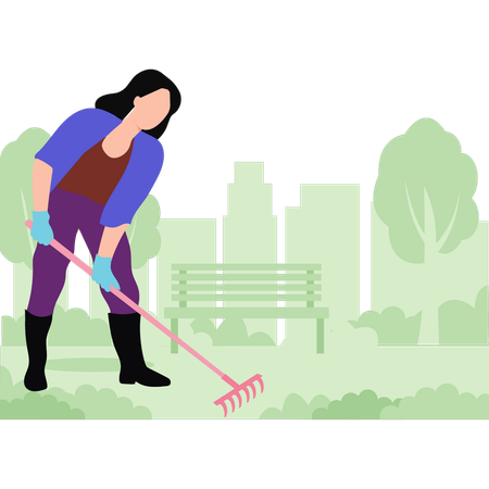 Girl picking hay with rake  Illustration