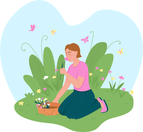 Girl picking up flowers  Illustration