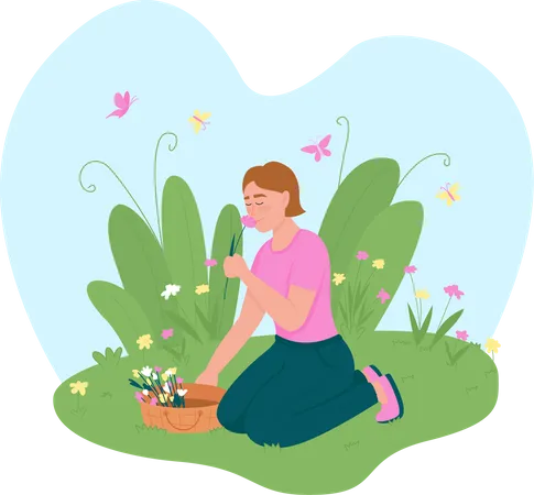 Girl picking up flowers  Illustration