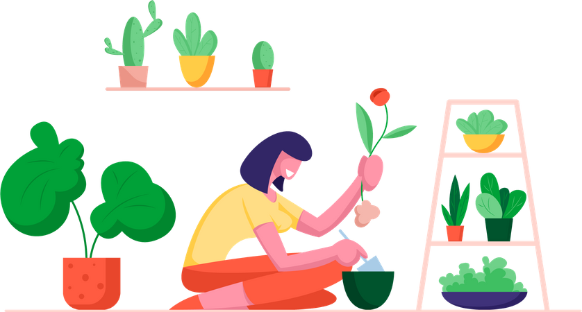 Girl planting flower and enjoying gardening  Illustration