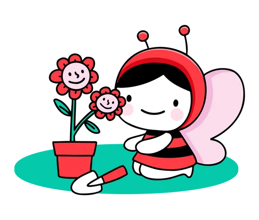 Girl planting lily  일러스트레이션