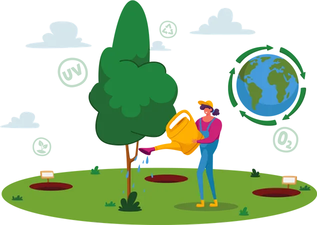 Forest Restoration Reforestation And Planting New Trees Concept Woman Volunteer Character Care Of Green Plant Watering From Can Save Nature Environment Protection Cartoon Vector Illustration Illustration