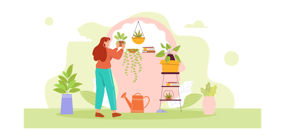 Girl planting plant at home  Illustration