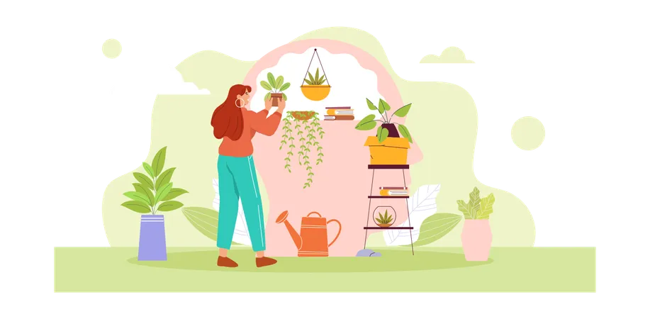 Girl planting plant at home  Illustration