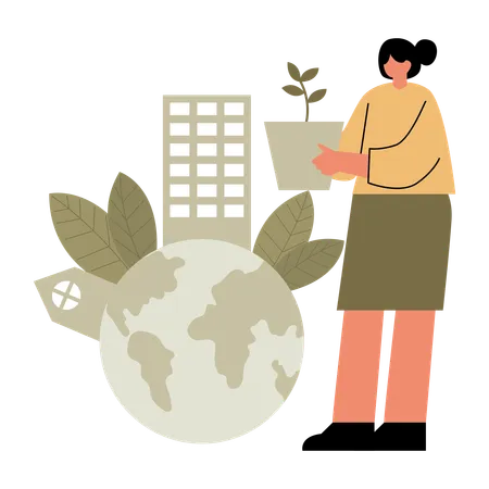 Girl planting plant for Eco-Friendly Cities  Illustration