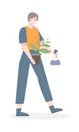 Girl planting tree and spaying water Illustration