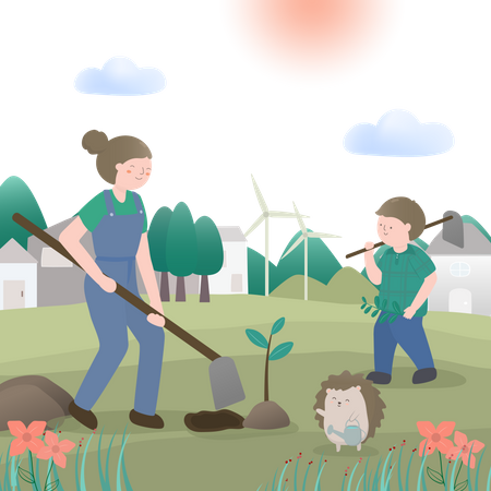 Girl planting tree  Illustration