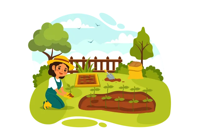 Girl planting tree in farm  Illustration