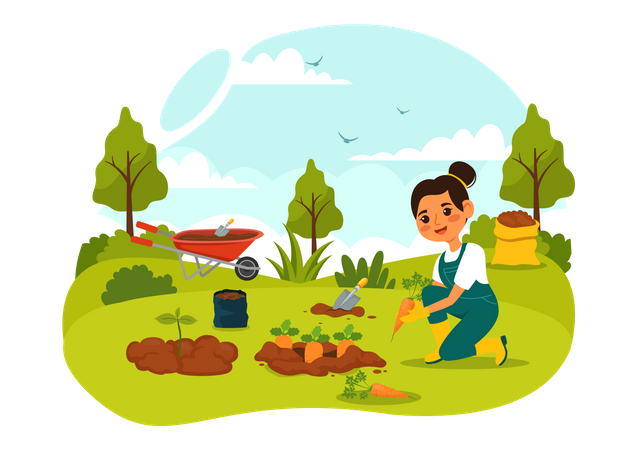 Girl planting tree in farm  Illustration