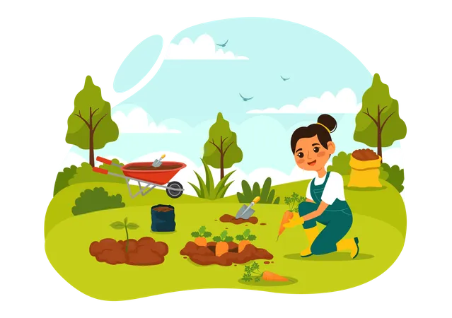 Growing Vegetables Vector Illustration With Harvest Farming Various Vegetable And Organic Natural Crop At A Garden In Kids Cartoon Background Design Illustration
