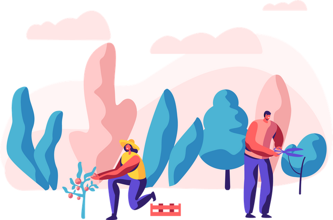 Girl planting tree while man maintaining trees  Illustration