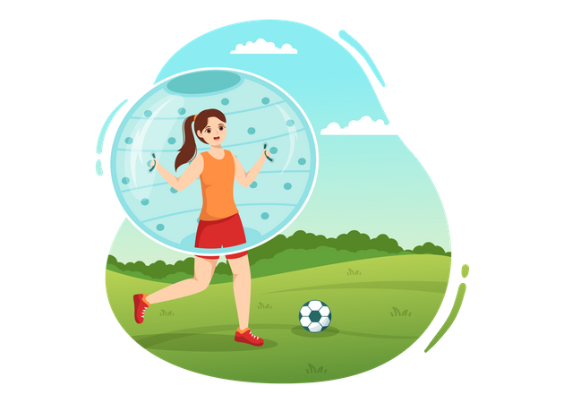 Girl play football while wearing zorbing ball  일러스트레이션