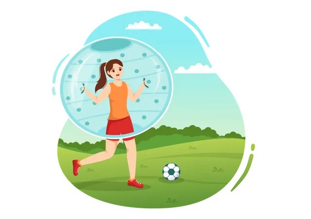 Girl play football while wearing zorbing ball  일러스트레이션