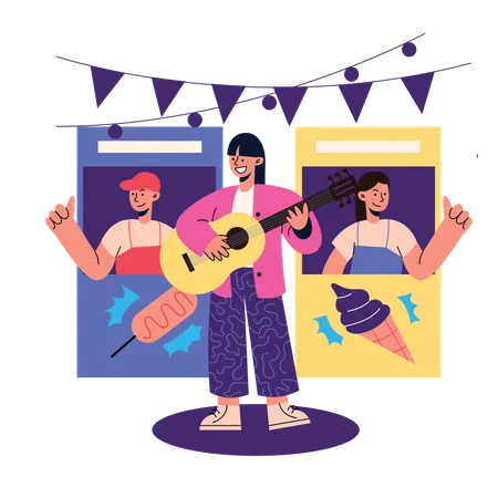 Girl play guitar at music festival  Illustration