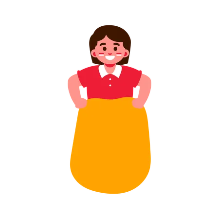 A Smiling Girl Wearing A Red Shirt Play Sack Racing Illustration