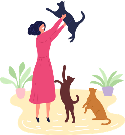 Girl Play With Cat Illustration