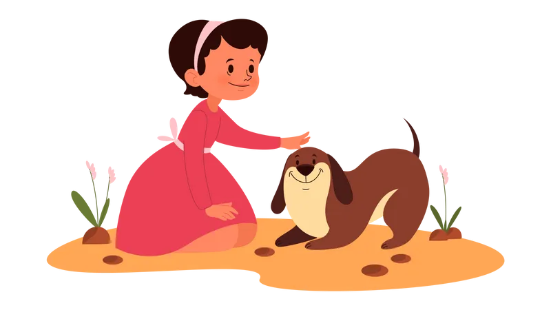 Girl play with pet dog  Illustration