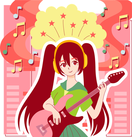 Girl Playing Anime Music Using Guitar  일러스트레이션