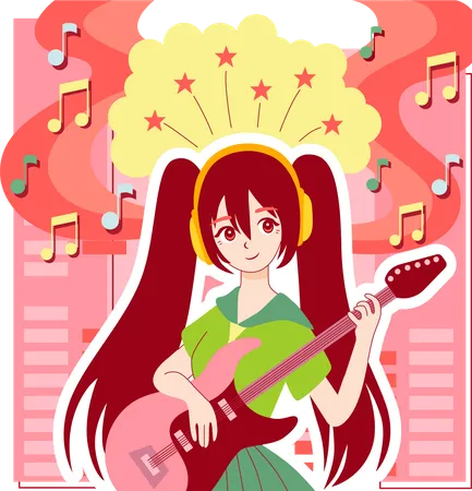 Girl Playing Anime Music Using Guitar  일러스트레이션