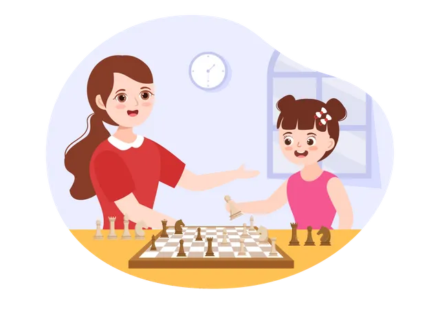 Girl Playing Chess Board Game With Mother Illustration