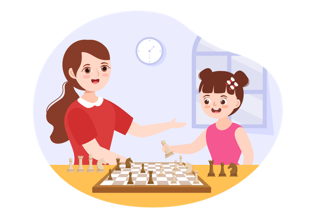 Girl Playing Chess Board Game With Mother  Illustration