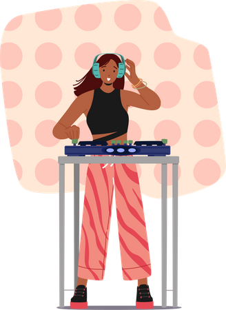 Girl playing dj using sound mixer at DJ nightclub party Illustration