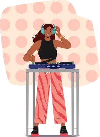 Girl playing dj using sound mixer at DJ nightclub party Illustration