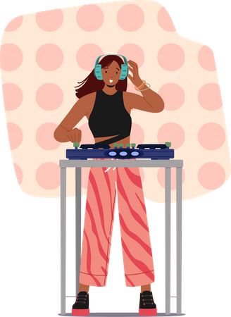 Girl playing dj using sound mixer at DJ nightclub party  Illustration